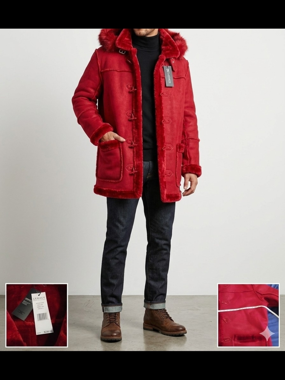 Jordan Craig Red Shearling Hooded Toggle Coat